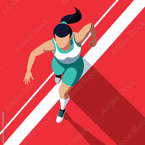 Top-down view of a determined female runner on a road, captured in a dynamic vector illustration symbolizing fitness and perseverance.