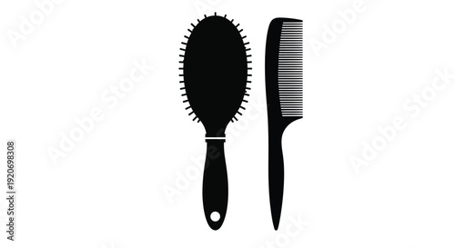 Hairbrush and comb presented in a stark black silhouette