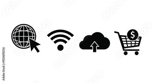 Black icons representing global network wifi cloud and online shopping silhouette