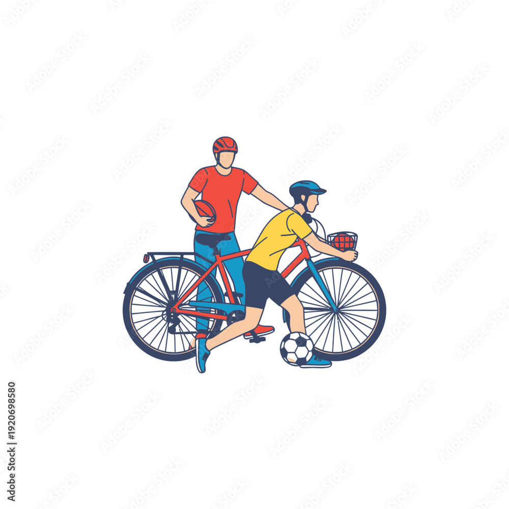 Obraz premium Young Men Cycling and Playing Soccer