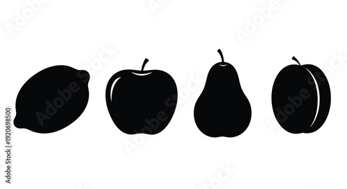 A row of black fruit silhouettes lemon apple pear and plum silhouette