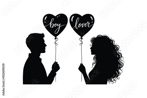 Silhouette of a couple holding heart shaped boy or girl balloons