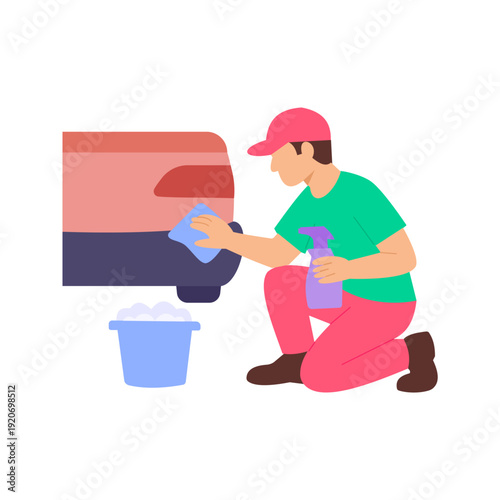 Bumper Cleaning, removing dust from front bumper, Flat vector character illustration