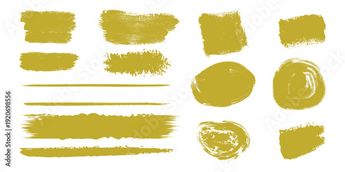 Gold paint textures and brush stroke elements isolated on white background for decoration