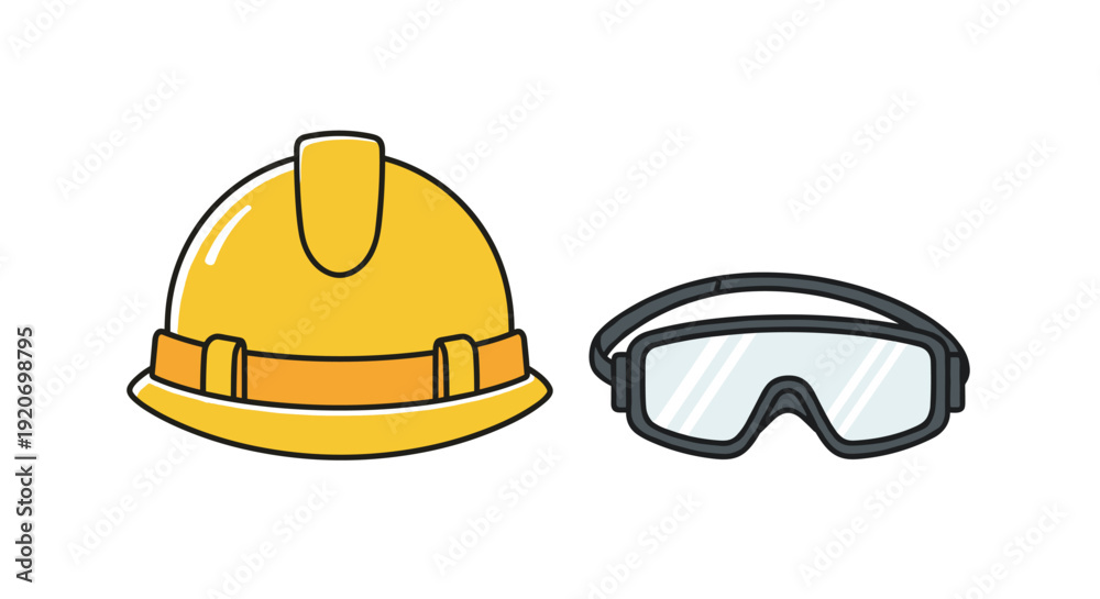 Fototapeta premium A yellow safety hard hat and transparent protective goggles are placed side by side against a clean white background.