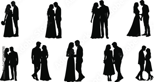 Vector silhouettes of romantic couples in various loving poses isolated on white background, wedding and engagement character set for relationship and dating design projects