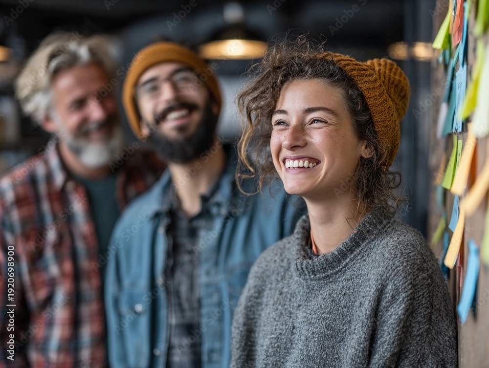 Fototapeta premium Group of friends smiling and enjoying time together in a cozy indoor space during a casual gathering at a creative workplace