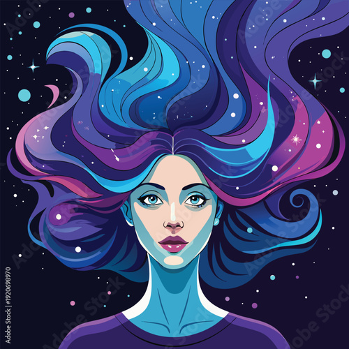 Surreal illustration of a woman's hair transforming into a flowing river, merging nature and femininity with dreamlike imagery.