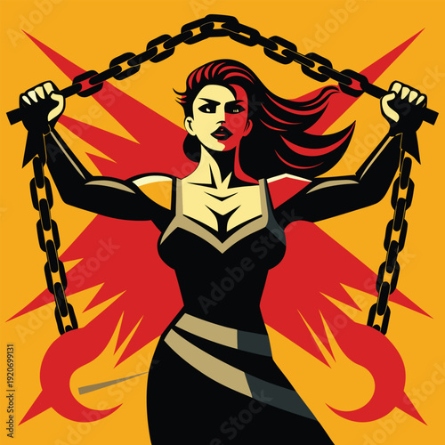 Empowering vector art of a woman breaking iron chains, symbolizing liberation, freedom, and overcoming oppression with determination.