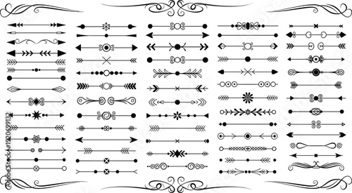 Vector collection of decorative dividers and calligraphic flourishes isolated on white background, black ornamental borders and design elements for wedding invitations and stationery