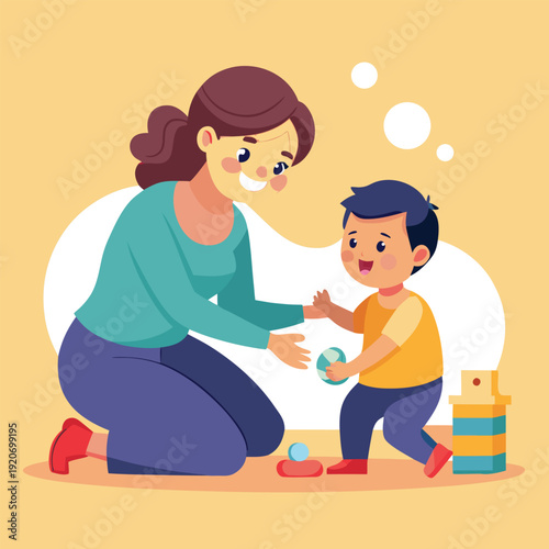 Heartwarming illustration of a single mother tenderly playing with her son, capturing love, family bonding, and joyful moments.