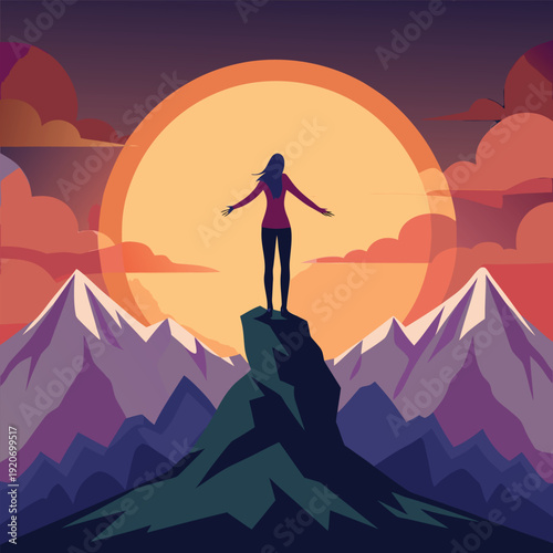 Inspiring silhouette of a woman standing triumphantly on a mountain peak at sunrise, symbolizing achievement, ambition, and success.