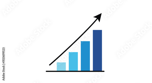 A bar graph with increasing blue columns and an upward arrow illustrates positive growth and a successful trend.