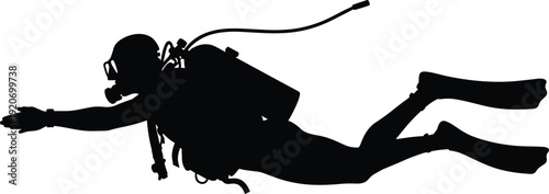 Silhouette Illustration of Scuba Diver Swimming with Tank, Mask and Fins, Underwater Exploration Artwork for Marine Sports, Diving Safety and Aquatic Adventure
