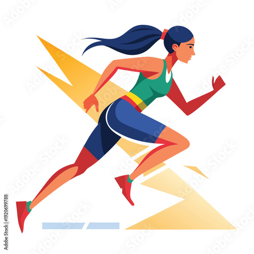 Dynamic flat vector illustration of a female sprinter in mid-stride, capturing speed, athleticism, and the energy of competition.