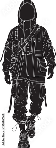 Stylized silhouette of a person in futuristic, utilitarian streetwear with multiple pockets and a crossbody bag