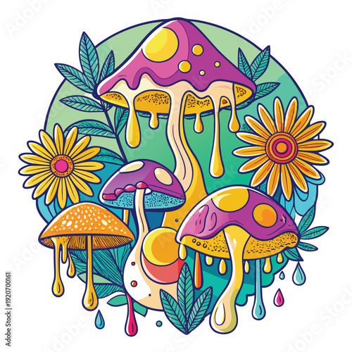 Psychedelic vector illustration of melting forest trees, evoking a surreal, dreamlike, and environmentally conscious mood.