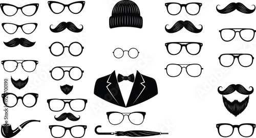 Vector silhouettes of gentleman's fashion accessories and facial hair isolated on white background, black icons for hipster style and barber shop design projects