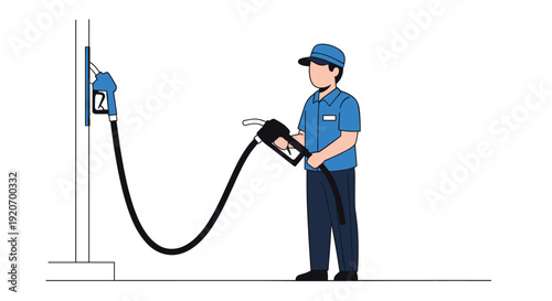 A gas station attendant in uniform holds a fuel nozzle next to a pump dispenser on a white background.