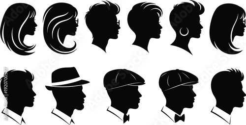 Vector silhouettes of various male and female hairstyles and head profiles isolated on white background, black character icons for barber shop and beauty salon design