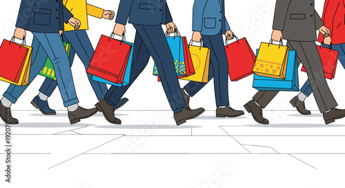 Group of diverse people walking and carrying colorful shopping bags on a sidewalk.