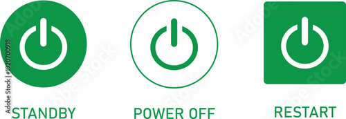 Three green power buttons with standby power off restart text