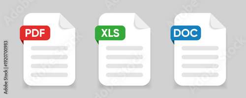 File type icons set. Document file icon. Format of documents. Set of pdf, doc, xls, ppt icons for UI UX, website, mobile application. Download pdf file button