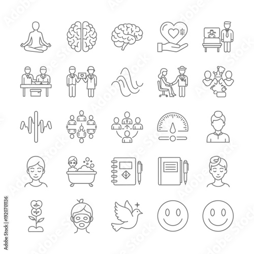 A collection of 25 line icons related to wellness and mental health