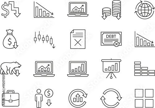 Financial icons, economic symbols, investment graphics, bear market visuals, debt crisis, global finance, money trends, business analytics, stock charts