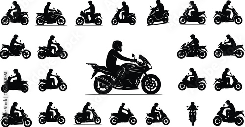 Vector silhouettes of motorcycle riders and scooter delivery drivers set isolated on white background, biker figures for urban transportation and courier design projects