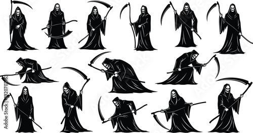 Vector silhouettes of the Grim Reaper in various spooky poses isolated on white background, death character with scythe set for Halloween and gothic design projects