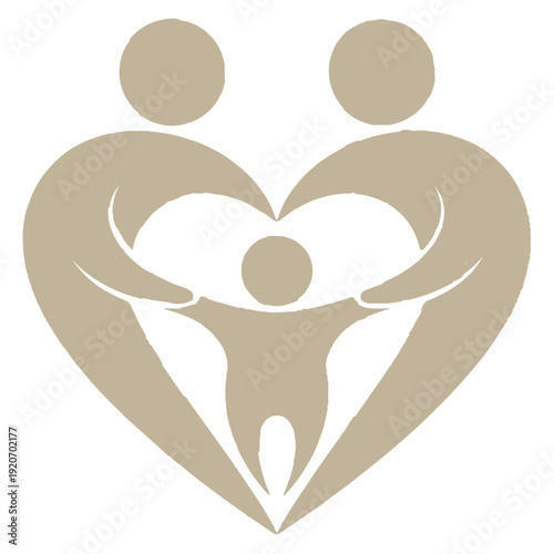 Beige family heart logo design showing abstract parents holding hands with child on transparent background for minimalist branding and community support projects involving care and unity