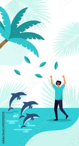 Joyful Man Experiencing Dolphins Surfacing Near Tropical Palms