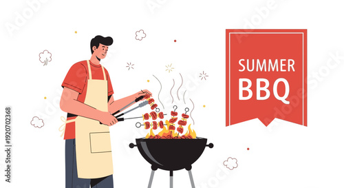 Joyful Man Grilling Skewers Outdoors On A Summer Barbecue