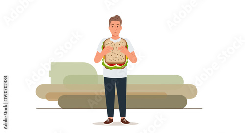 Joyful Man Holding Giant Sandwich Abstract Background