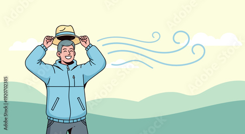 Joyful Man Holding Hat Against Gusty Winds Outdoor