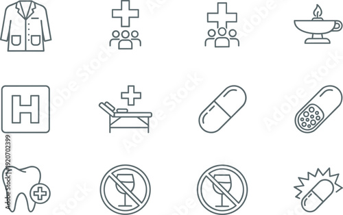Healthcare icons, medical symbols, hospital graphics, patient care visuals, dental health, medication, nursing, wellness, diagnostics, prohibition signs