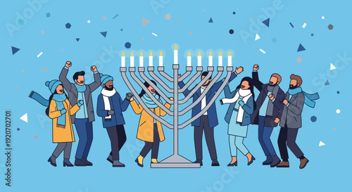 Joyful People Celebrate Hanukkah With Menorah Festive Gathering