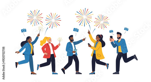 Joyful People Celebrating With Sparklers And Fireworks Capturing Memories