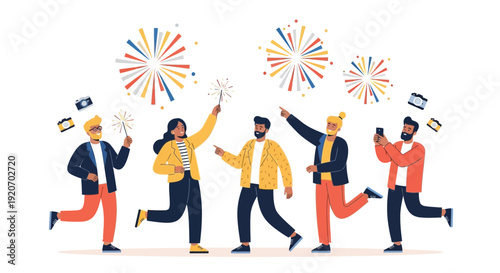 Joyful People Celebrating With Sparklers and Fireworks Outdoors