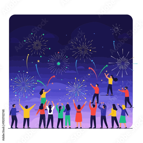 Joyful People Witnessing Spectacular Fireworks Display Under Night Sky