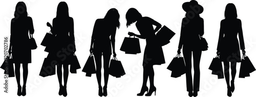 Vector silhouettes of fashionable women carrying shopping bags isolated on white background, black female character set for retail, fashion, and consumerism design projects