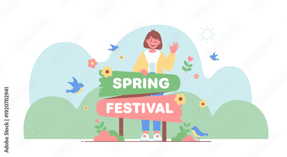 Naklejka premium Joyful Spring Festival Celebration With Waving Girl And Birds