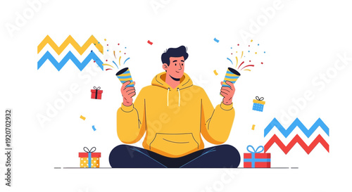 Joyful Person Celebrating With Party Poppers And Presents, An Illustration of Celebration