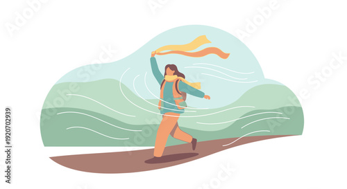 Joyful Person Embracing Gusty Winds While Hiking Scenic Trails