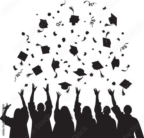 Diverse group of graduates throwing caps and confetti in the air, celebrating their educational milestone with pure joy.