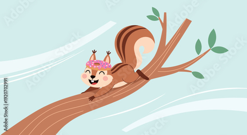 Joyful Squirrel Wearing Donut Hat Sliding Down Tree Branch With Cheerful Expression