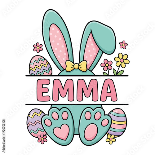 Emma Easter Bunny Name Typography with Pastel Eggs and Flowers