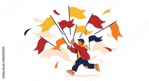 Joyful Person Running Forward with a Collection of Vibrant Festival Flags in Hand