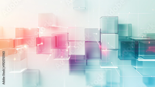 Abstract 3D glass cubes with digital network connections and glowing data nodes